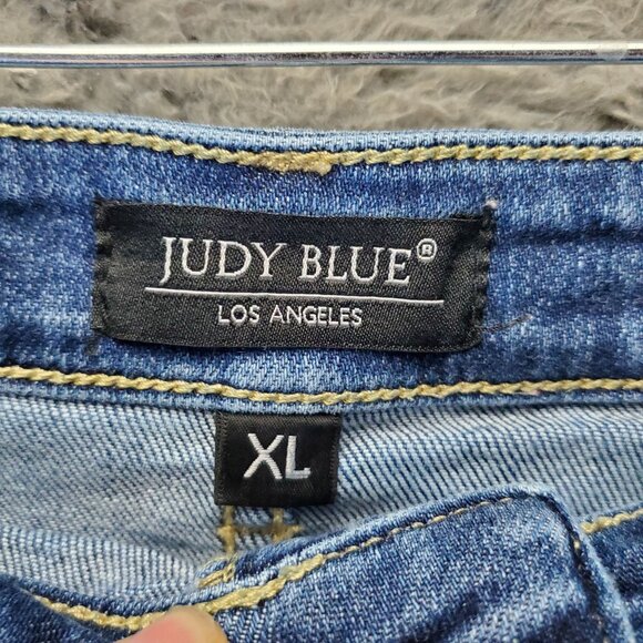 Judy Blue Shorts Womens XL Blue Distressed Denim High Rise Raw Hem Stretchy - Picture 2 of 12